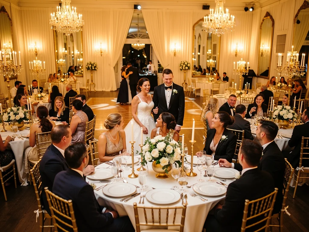 Wide shot of wedding reception showcasing unified decor theme and perfectly timed event transitions